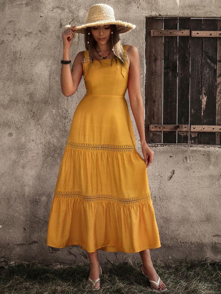 CM-DS450512 Women Trendy Bohemian Style Monochrome Lace Patchwork Suspender Dress - Mustard Yellow