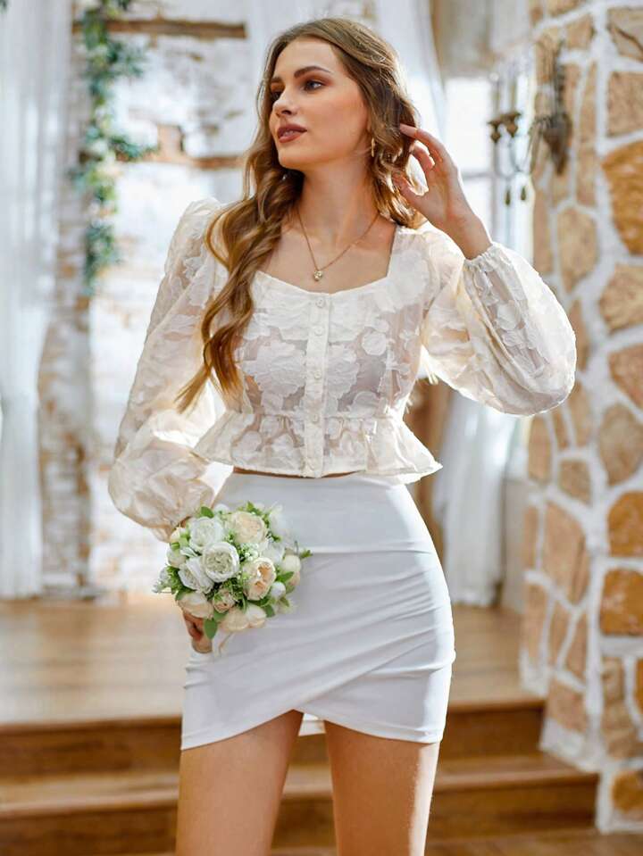 CM-TS369159 Women Casual Seoul Style Ruffle Trim Jacquard Lantern Sleeve Shirt - Apricot