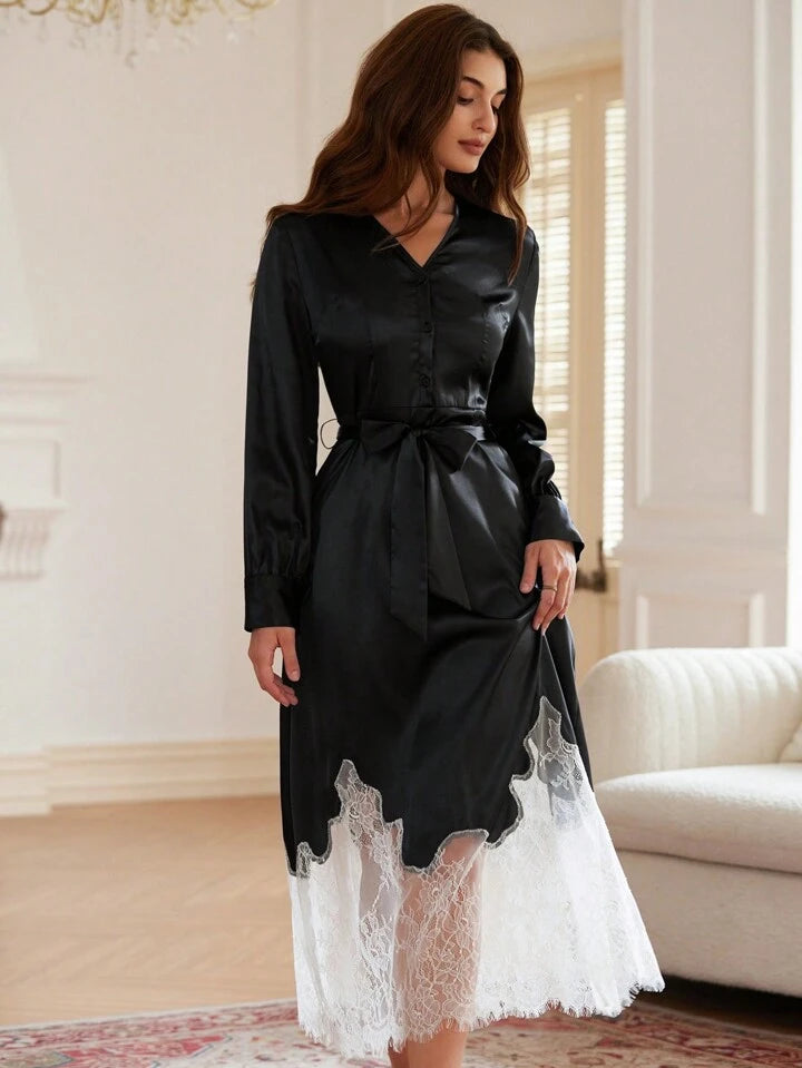 CM-DS235606 Women Elegant Seoul Style V-Neck Button Up Colorblock Lace Trim Long Sleeve Dress - Black