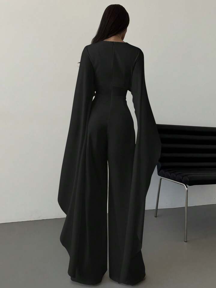CM-JS483619 Women Elegant Seoul Style V-Neck Cape Extra Long Sleeves Waist Tie A-Line Wide Leg Jumpsuit - Black