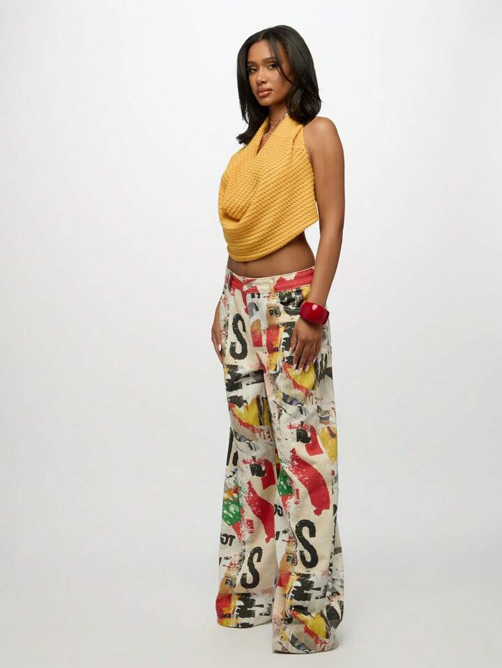 CM-BS263522 Women Casual Seoul Style Mid Waist Distressed Graffiti Print Wide Leg Baggy Jeans