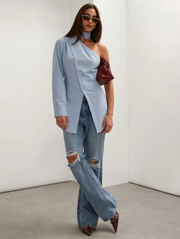 CM-TS864404 Women Casual Seoul Style Asymmetric Collar One Shoulder Long Sleeve Blouse - Baby Blue