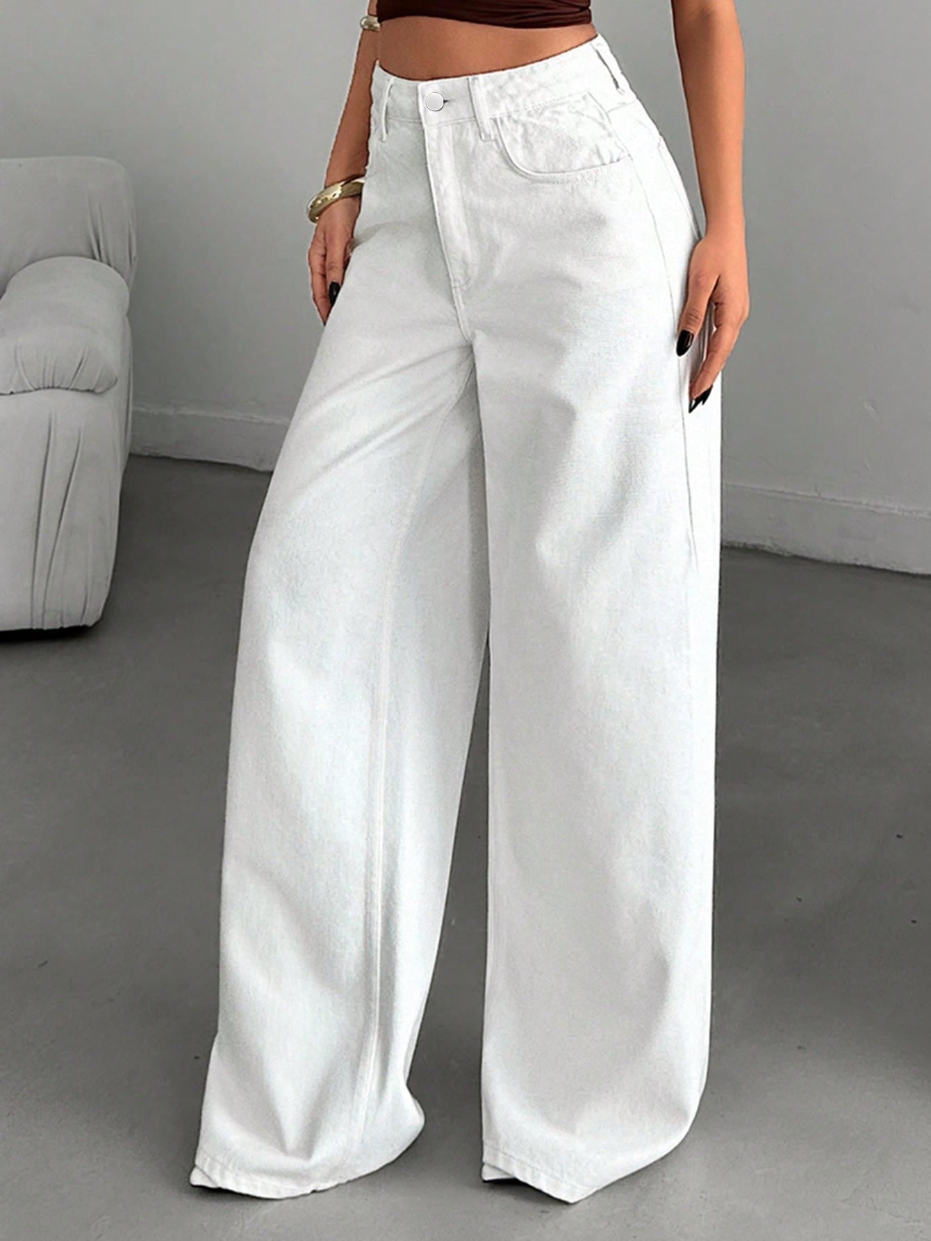 CM-BS264848 Women Casual Seoul Style High-Waisted Wide-Leg Denim Jeans - White