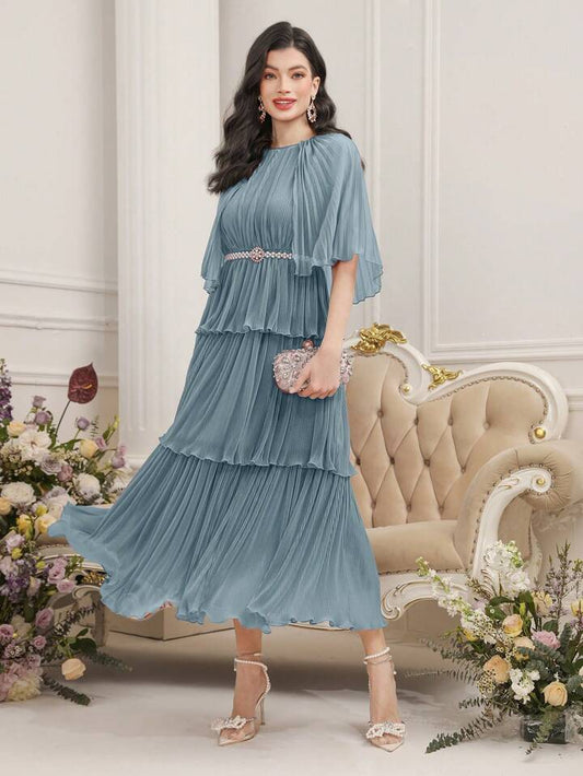 CM-DS707088 Women Elegant Seoul Style Round Neck Mesh Patchwork Ruffled Hem Long Dress - Mint Blue