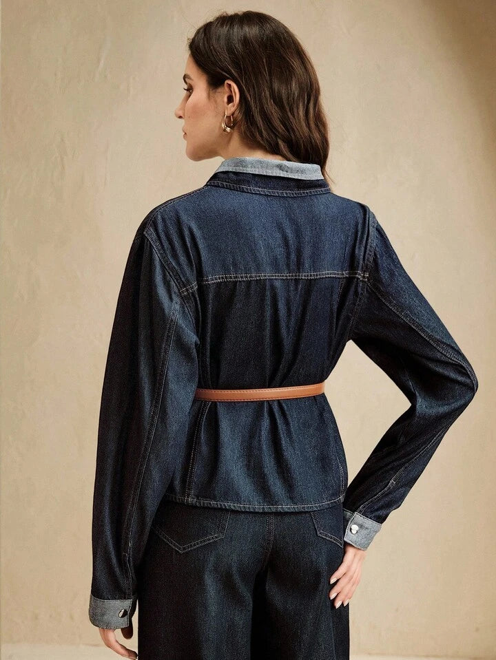 CM-CS284416 Women Casual Seoul Style Collar Neckline Long Sleeve Fitted Denim Jeans - Blue