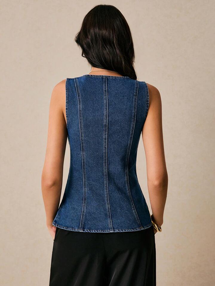CM-TS555761 Women Casual Seoul Style Dark Wash Square Neck Sleeveless Metal Button Decoration Denim Vest
