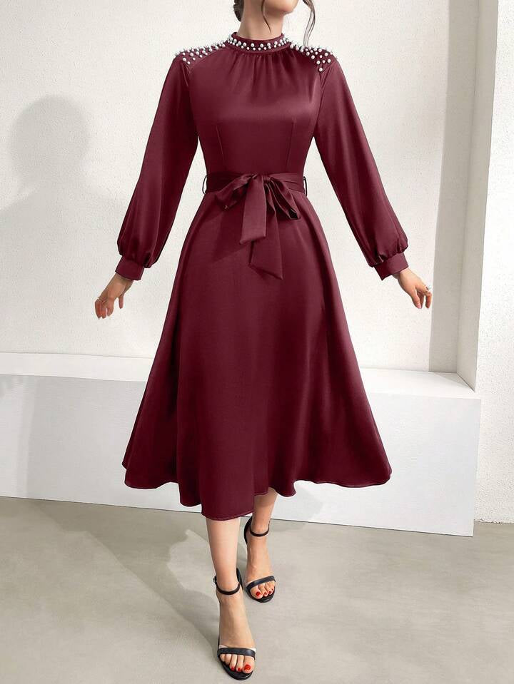 CM-DS111191 Women Elegant SeouL Style Stand Collar Faux Pearl Decor Lantern Sleeve Long Dress