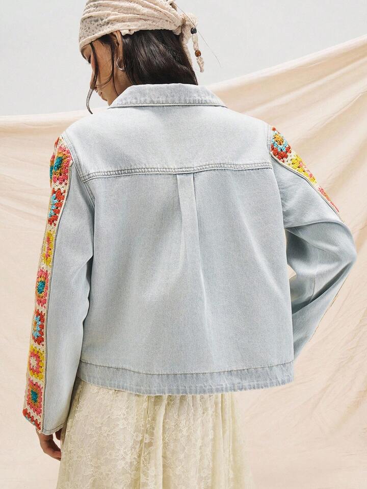 CM-CS335360 Women Casual Seoul Style Collar Neckline Stitching Multi-Color Sleeves Pattern Pattern Denim Jacket - Blue