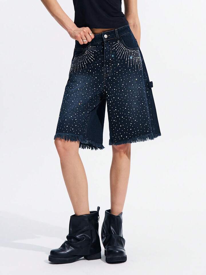 CM-BS943987 Women Casual Seoul Style Rhinestone Side Pockets Drop Waist Loose Denim Shorts