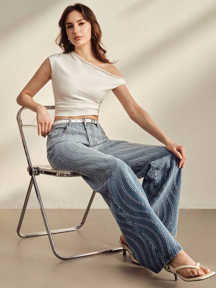 CM-BS195590 Women Casual Seoul Style Mid Waist Jacquard Gradient Straight Leg Jeans - Blue