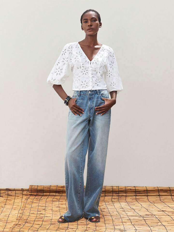 CM-TS190360 Women Trendy Seoul Style V-Neck Front Button Embroidery Hollow Out Lantern Sleeve Blouse - White