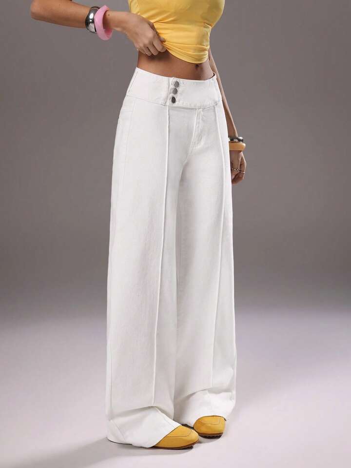 CM-BS569859 Women Casual Seoul Style Mid Waist Extra Long Wide Leg Denim Jeans - White