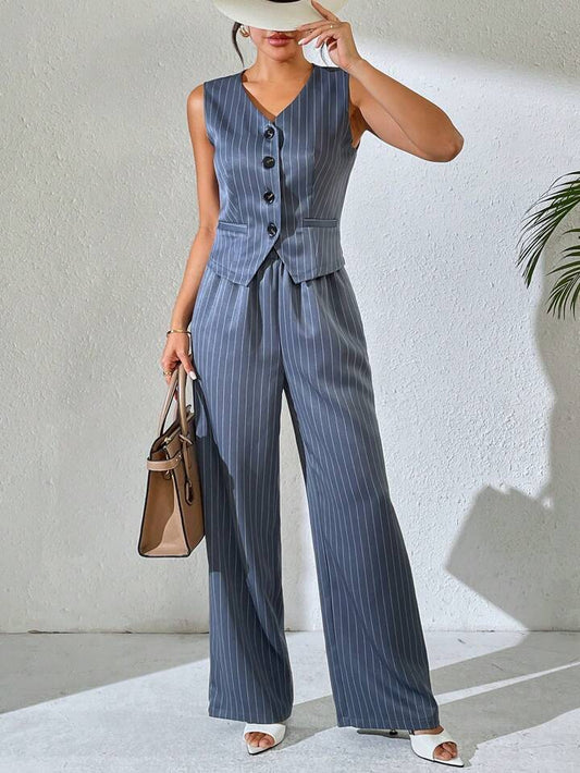 CM-SS408422 Women Casual Seoul Style Striped V-Neck Sleeveless Vest Top With Wide Leg Trousers - Set