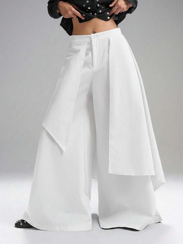 CM-BS113288 Women Casual Seoul Style Mid Waist Solid Color Loose Fit Wide Leg Pants - White