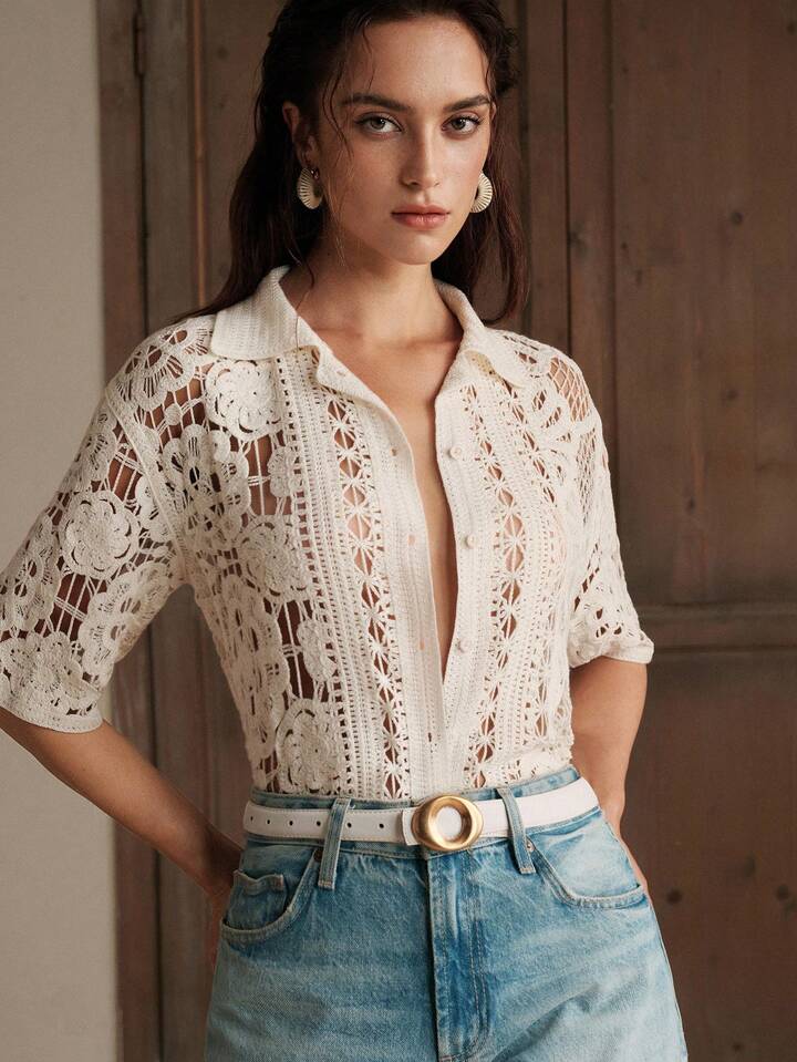 CM-TS333933 Women Casual Seoul Style Hollow Floral Asymmetric Loose Polo Collar Crochet Blouse