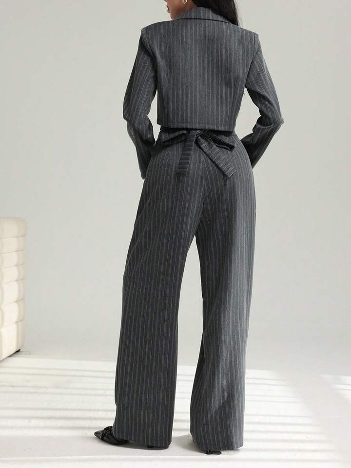 CM-SS215465 Women Elegant Seoul Style Striped Tie-Back Short Jacket With Wide-Leg Pants - Set