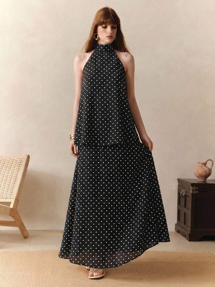 CM-BS501944 Women Trendy Bohemian Style Chiffon Polka Dot Print Sleeveless Halter Neck Top With Skirt - Set
