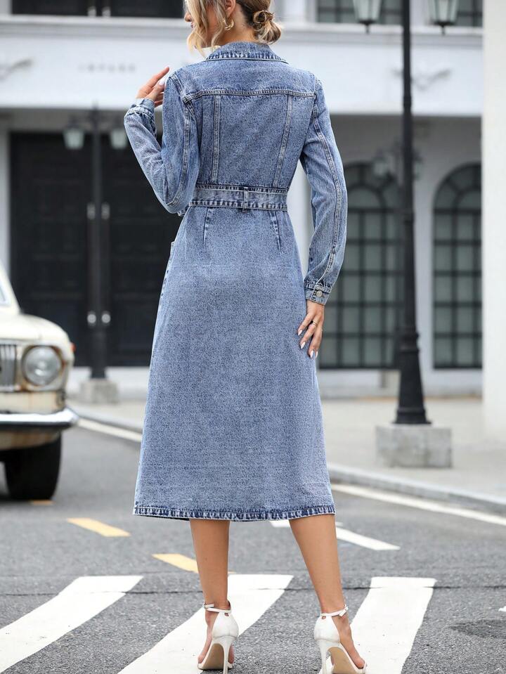 CM-DS564105 Women Casual Seoul Style Light Wash Collar Neckline Fake Pocket-Breasted Belted Denim Dress