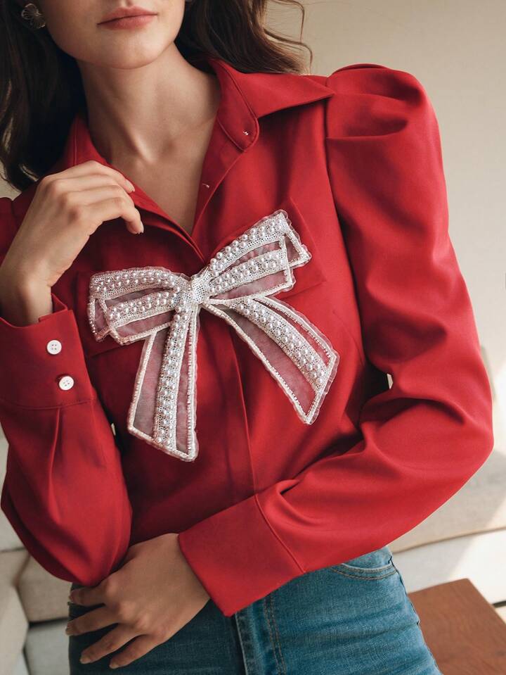 CM-TS919720 Women Elegant Seoul Style Collar Neckline Butterfly Pearl Floral Long Sleeve Blouse - Red