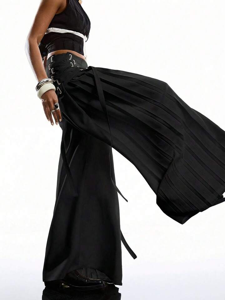 CM-BS550406 Women Casual Seoul Style Solid Color Minimalist Tie-Up Pants Dress Over Pants - Black