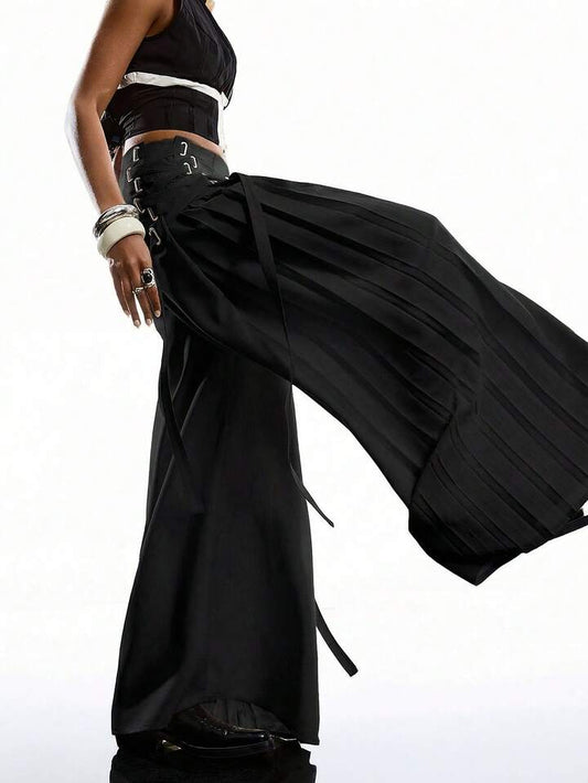 CM-BS550406 Women Casual Seoul Style Solid Color Minimalist Tie-Up Pants Dress Over Pants - Black