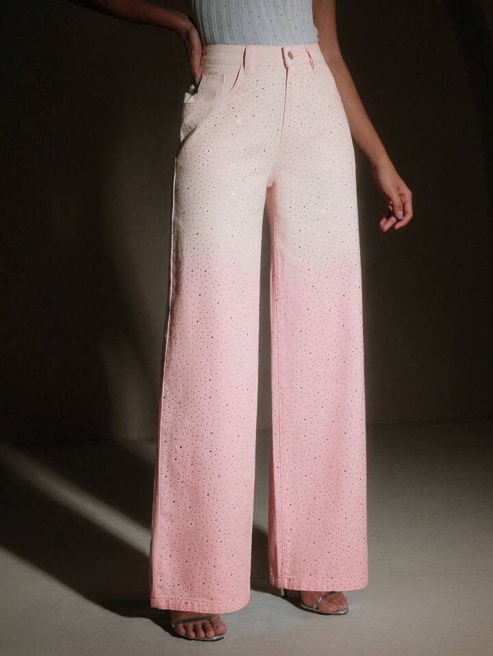 CM-BS570000 Women Casual Seoul Style Heavy Bling Decor Loose Wide Leg Jeans - Pink
