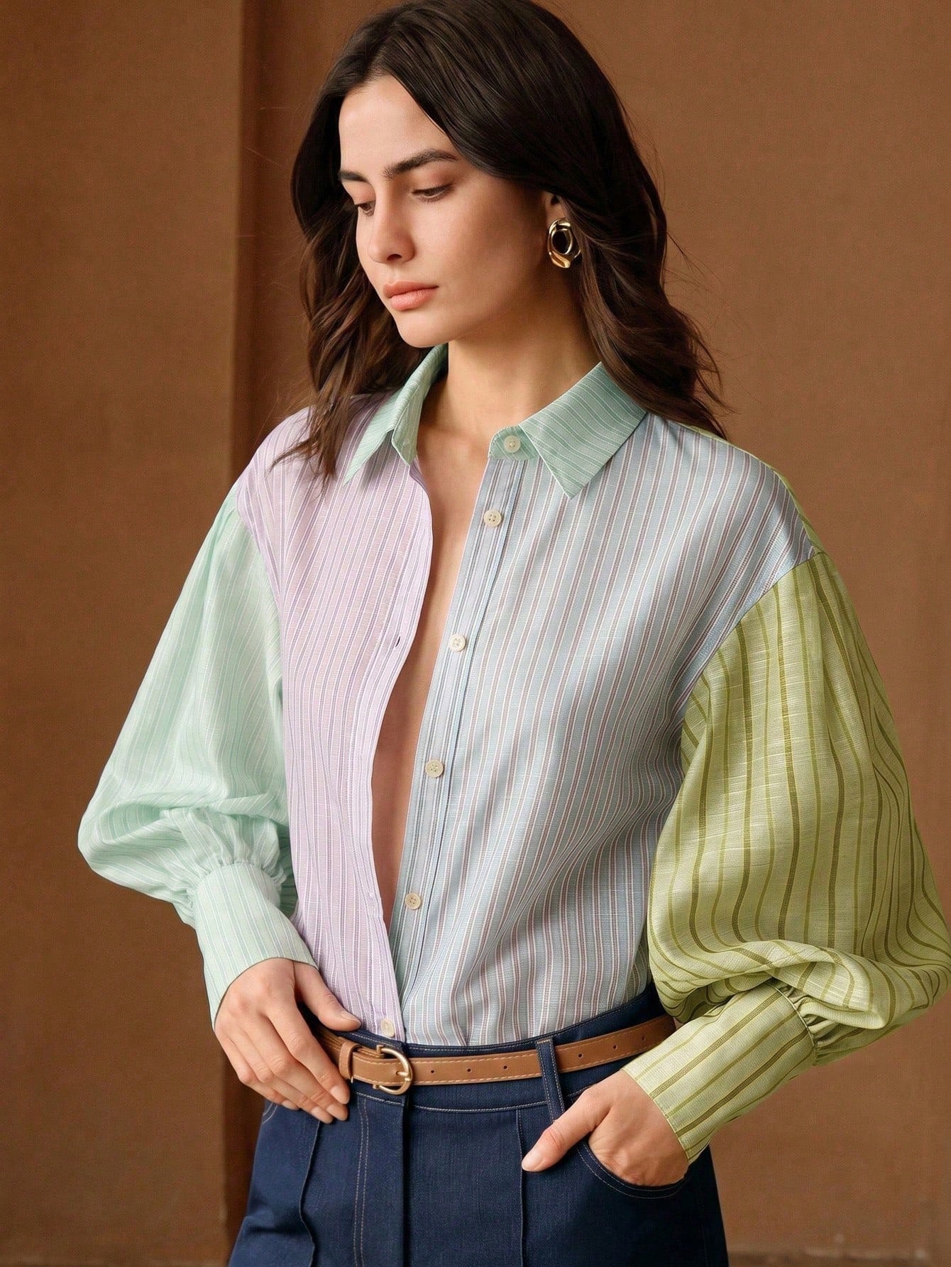 CM-TS613303 Women Elegant Seoul Style Asymmetrical Patchwork Polo Collar Lantern Sleeve Striped Shirt