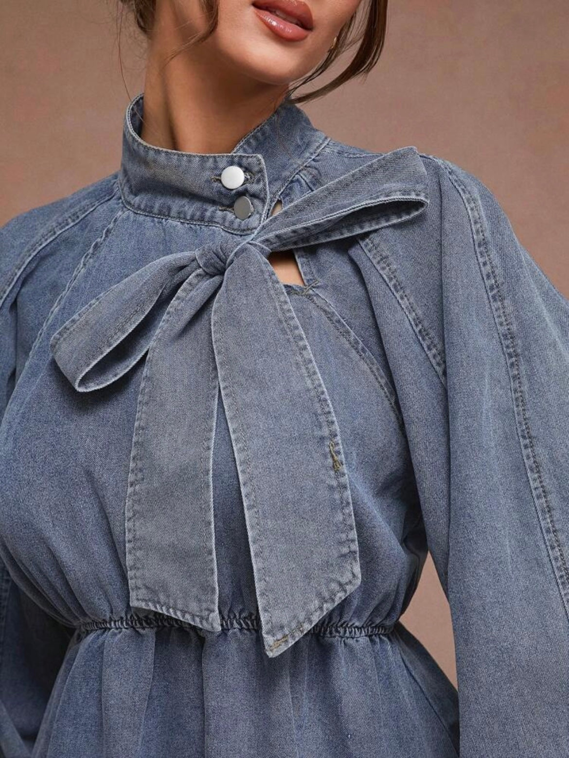 CM-TS532112 Women Casual Seoul Style Light Wash Bow Neck Tie Balloon Sleeve Peplum Denim Top