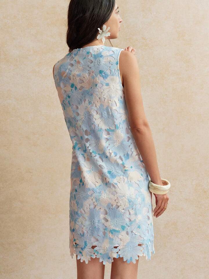 CM-DS626961 Women Trendy Bohemian Style Round Neck Sleeveless Floral Hollow Lace A-Line Dress