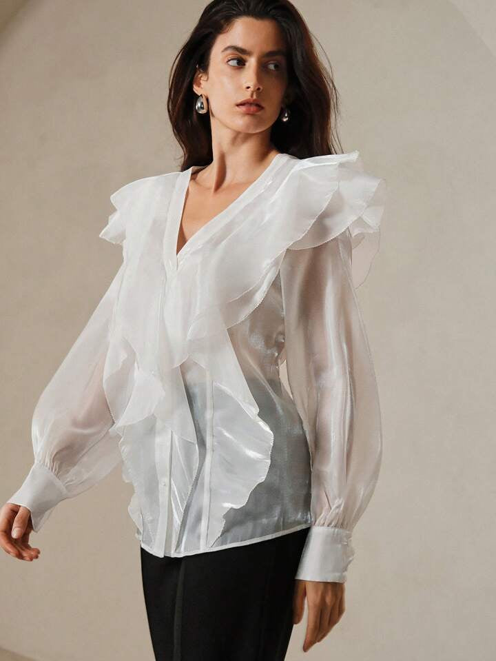 CM-TS150474 Women Elegant Seoul Style V-Neck Multi-Layered Bubble Sleeve Blouse - White