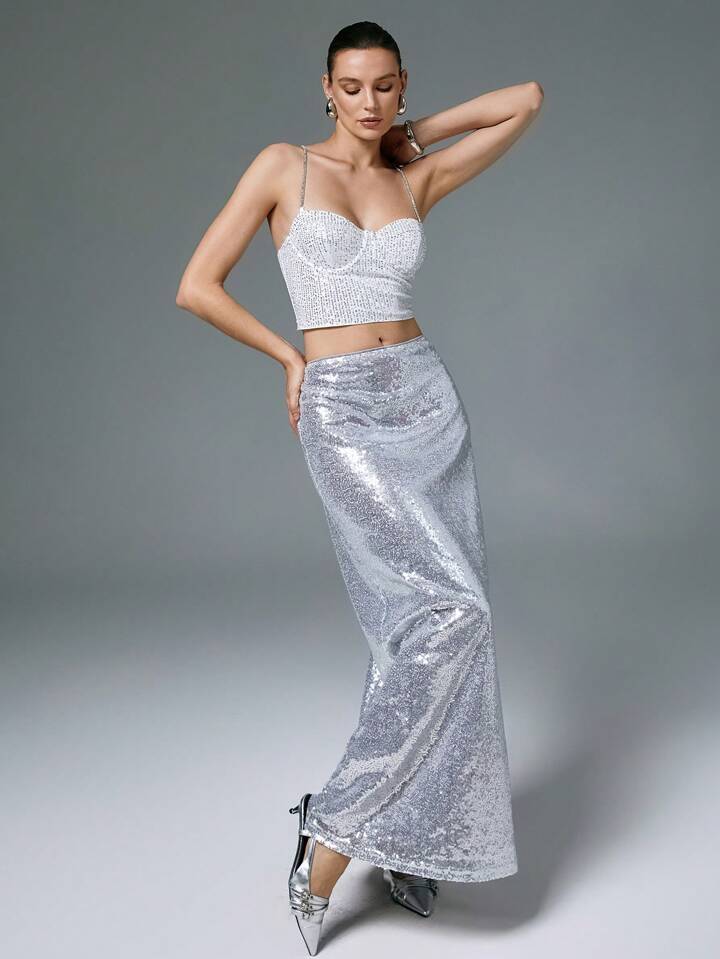 CM-BS292770 Women Elegant Seoul Style Drop Waist Sequined A-Line Maxi Skirt - Silver