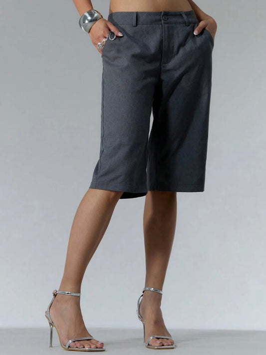 CM-BS189787 Women Casual Seoul Style Drop Waist Woven Tailored Longline Shorts - Gray