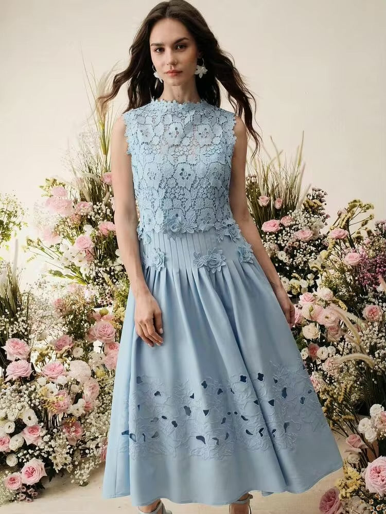 CM-DS956378 Women Elegant Seoul Style Stand Collar Sleeveless Floral Embroidered Lace Midi Dress - Blue