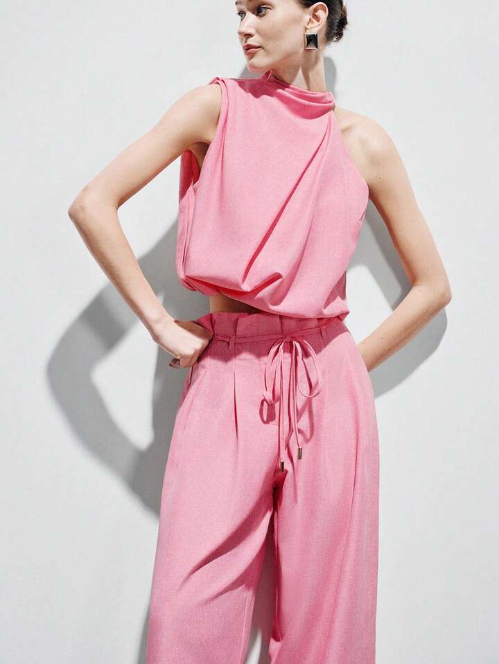 CM-SS704475 Women Elegant Seoul Style Loose High Collar Design Top With Drawstring Waist Straight Loose Pants - Set