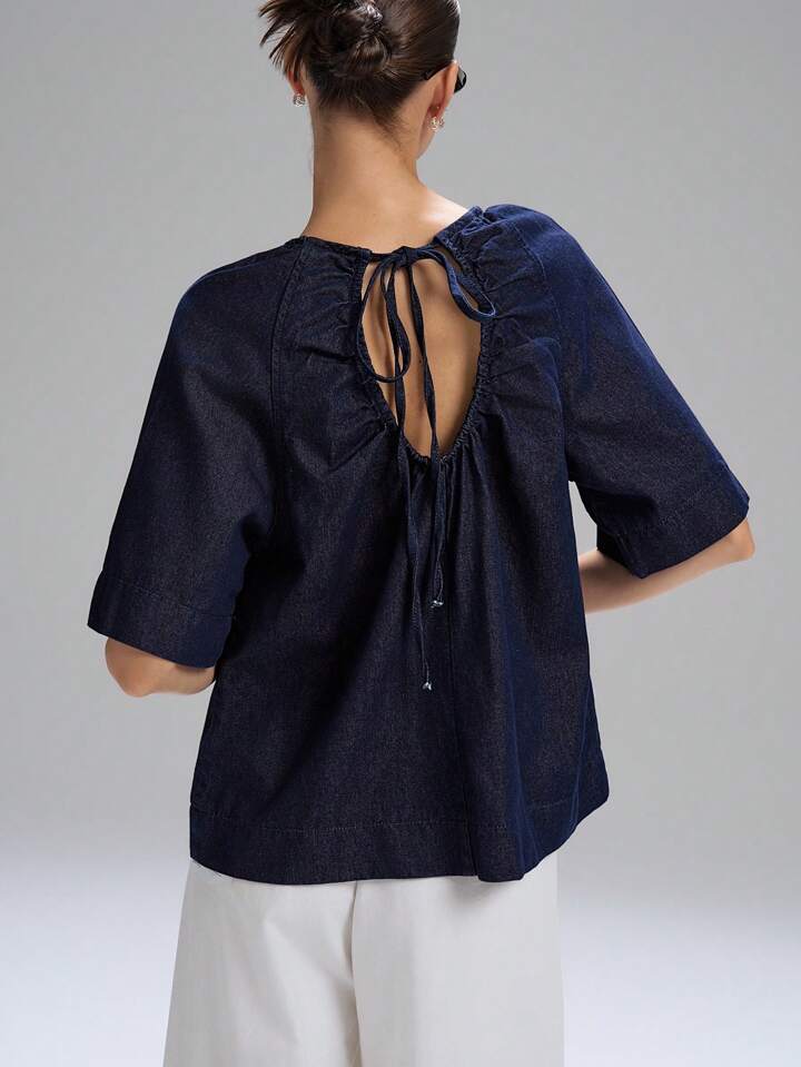 CM-TS435444 Women Casual Seoul Style Drawstring Round Neck 3/4 Sleeve Denim Loose Blouse - Blue