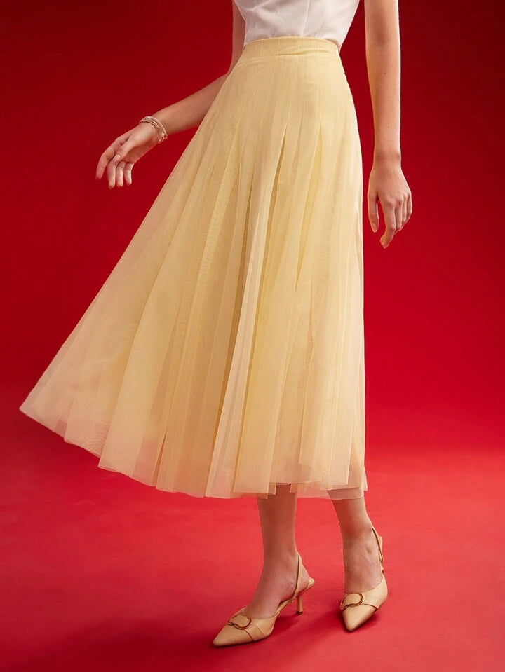CM-BS708014 Women Elegant Seoul Style Mid Waist Contrast Mesh Flared Skirt - Yellow