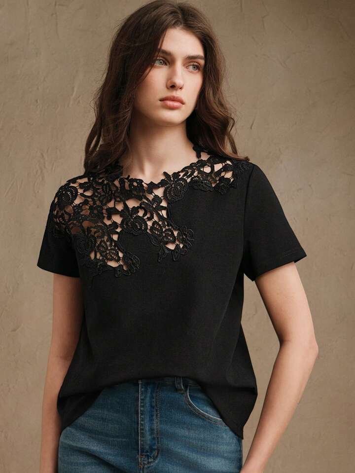 CM-TS707733 Women Casual Seoul Style Lace Crochet Patchwork Hollow Out Short Sleeve Blouse - Black