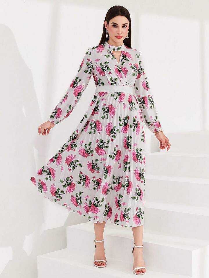 CM-DS657438 Women Elegant Seoul Style Floral Print Hollow Out Neckline A-Line Dress