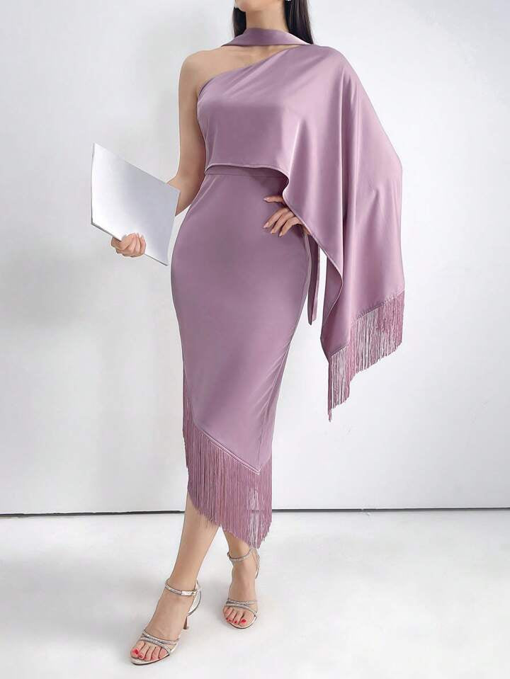CM-DS388371 Women Elegant Seoul Style Slim Fit Fringed One Shoulder Party Dress - Dusty Pink