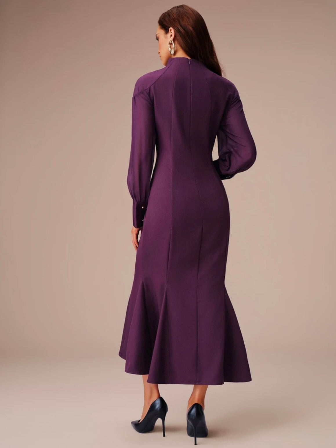 CM-DS873232 Women Elegant Seoul Style Chiffon V-Notch Stand Collar Sheer Puff Sleeves Mermaid Hem Long Dress