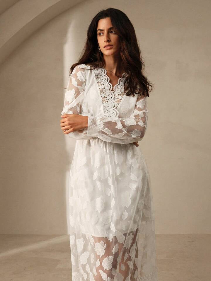 CM-DS009215 Women Elegant Seoul Style Lace Hollow Out Floral Cut V-Neck Puff Sleeve Cinched Midi Dress