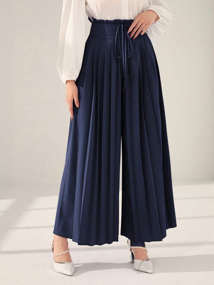 CM-BS418535 Women Trendy Bohemian Style High Waist Pleated Wide Leg Pants - Navy Blue