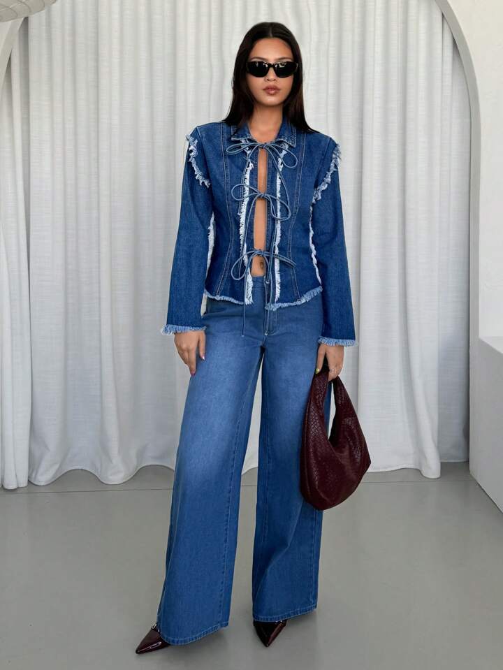 CM-CS555822 Women Casual Seoul Style Patchwork Frayed Edge Long Sleeve Front Tie Denim Jacket