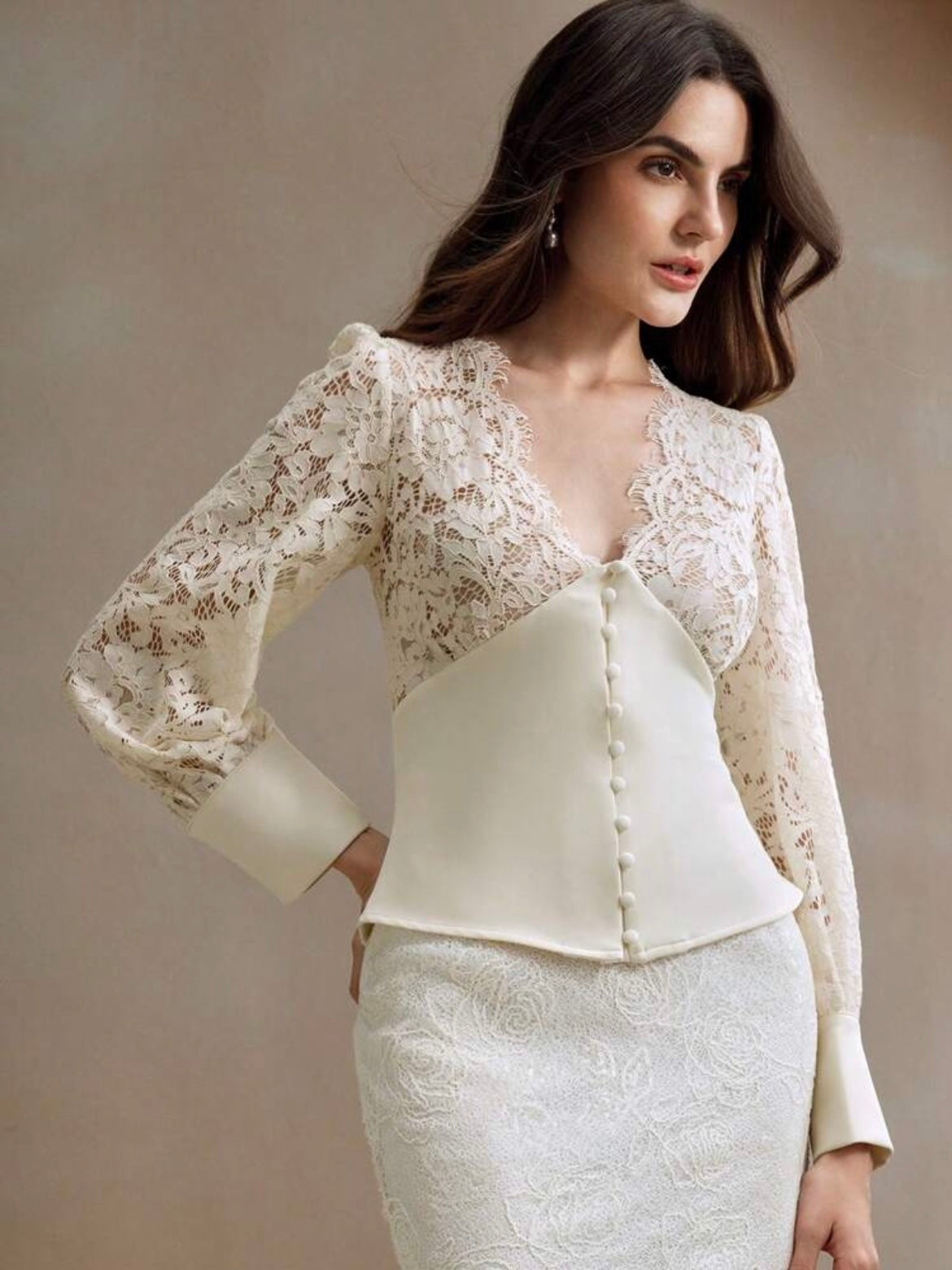 CM-TS025304 Women Elegant Seoul Style V-Neck Lace Patchwork Cinching Waist Top - Apricot