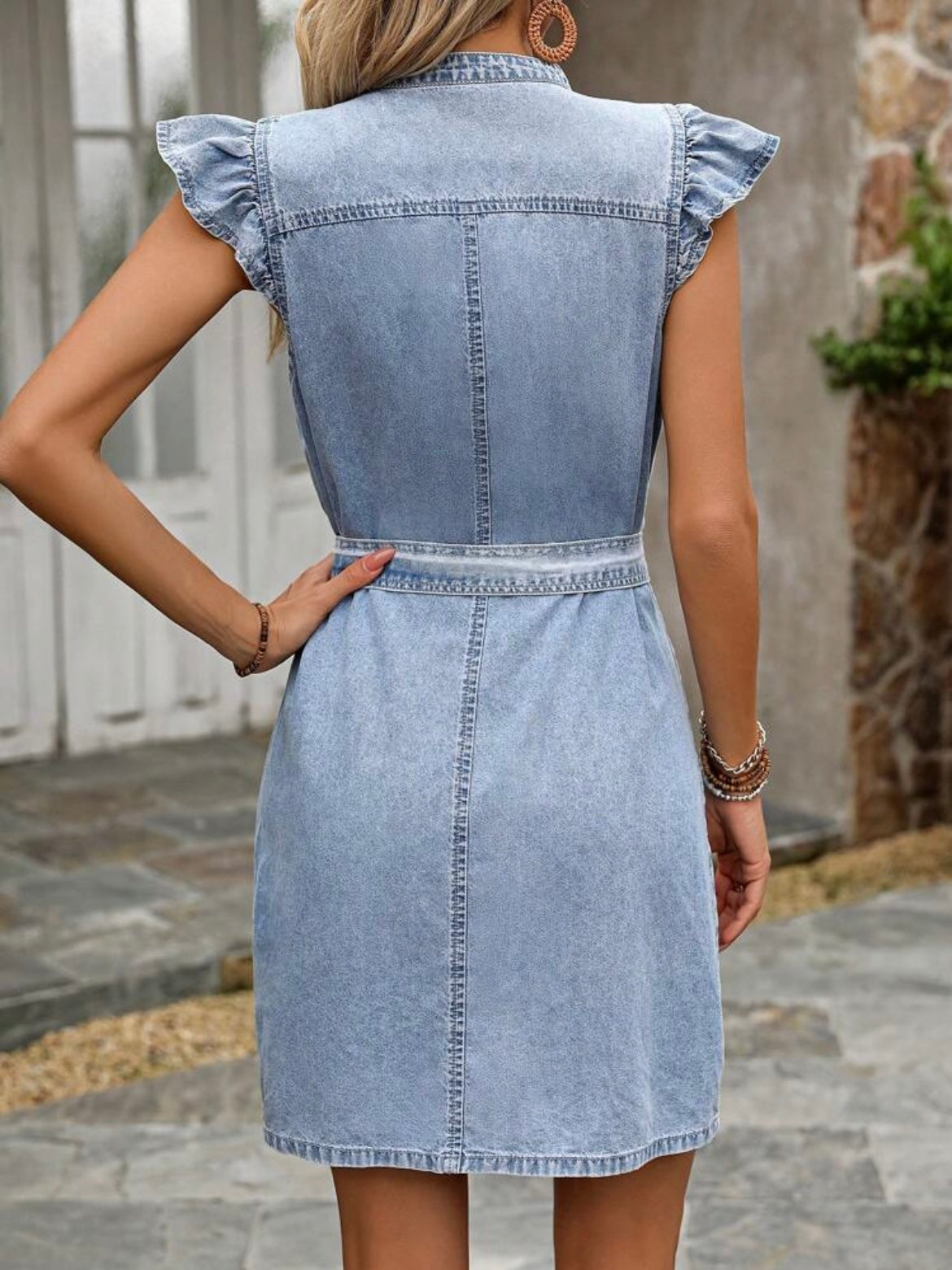 CM-DS995203 Women Casual Seoul Style Light Wash Solid Color Cap Sleeve Denim Dress