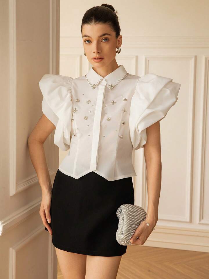 CM-TS026227 Women Elegant Seoul Style 3D Rhinestone Collar Open Front Blouson Sleeve Fitted Blouse