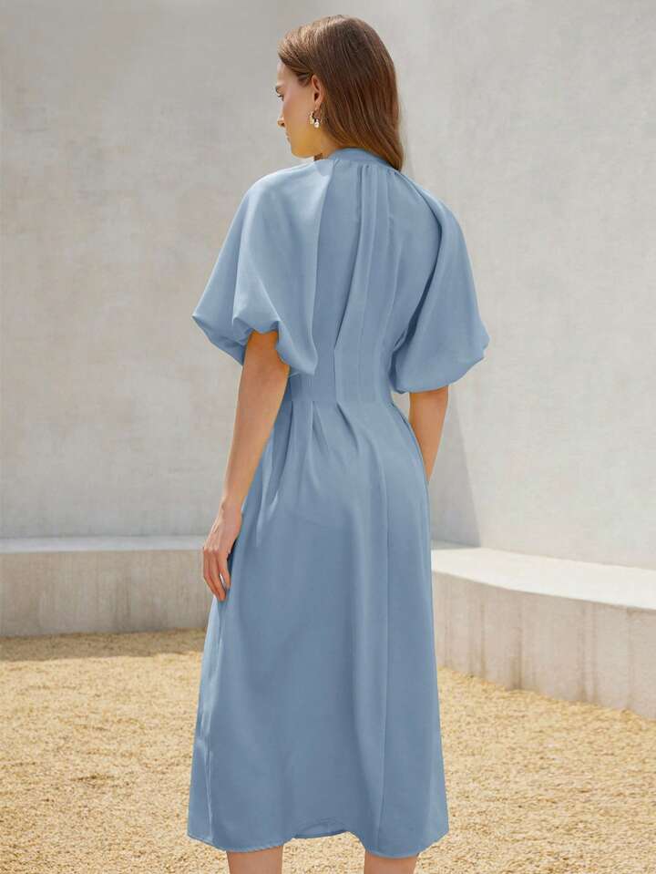 CM-DS333338 Women Elegant Seoul Style Solid Color Chiffon Cinched Waist Puff Sleeve Open Front Long Dress - Blue