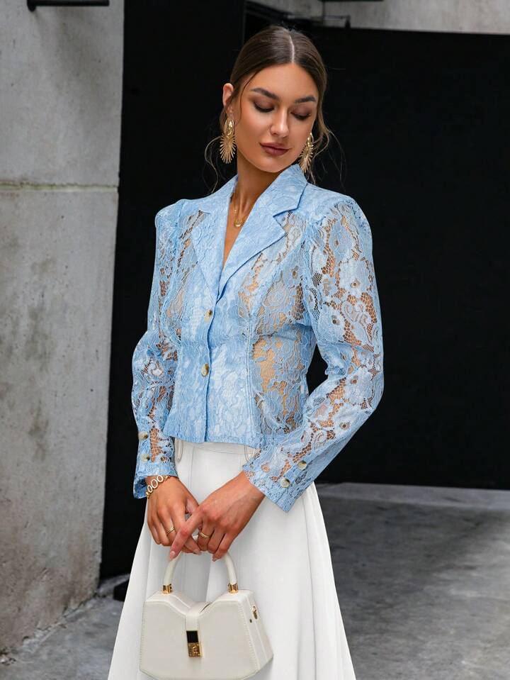 CM-TS109811 Women Elegant Seoul Style Lace Lapel Collar Long Sleeve Shirt - Blue