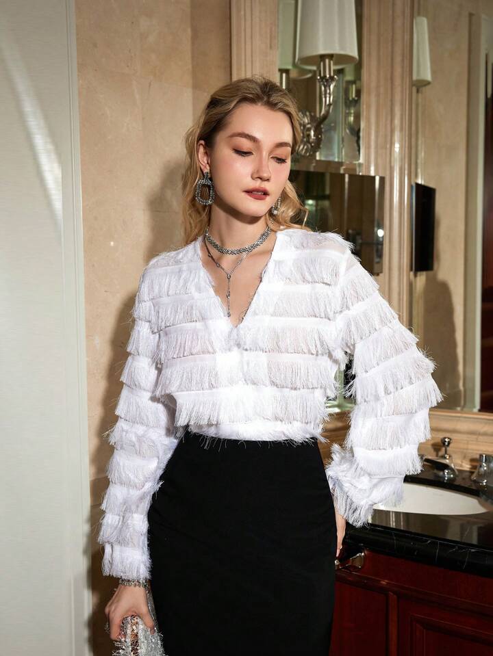 CM-TS584515 Women Casual Seoul Style V-Neck Long Sleeve Tassel Detail Shirt - White
