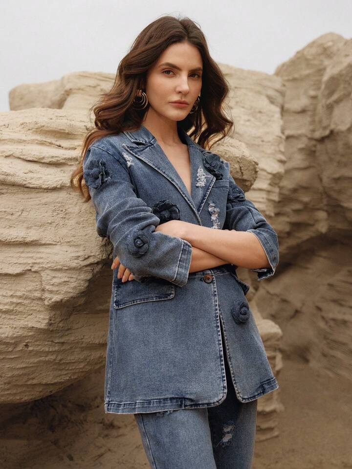 CM-CS412231 Women Elegant Seoul Style Lapel Neckline Single-Breasted Loose Fit Denim Jacket - Blue